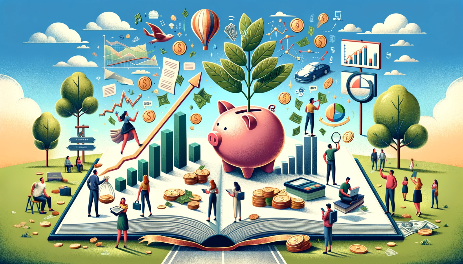 Here's another image that creatively illustrates financial wisdom for young adults. It features a giant open book filled with financial advice, 